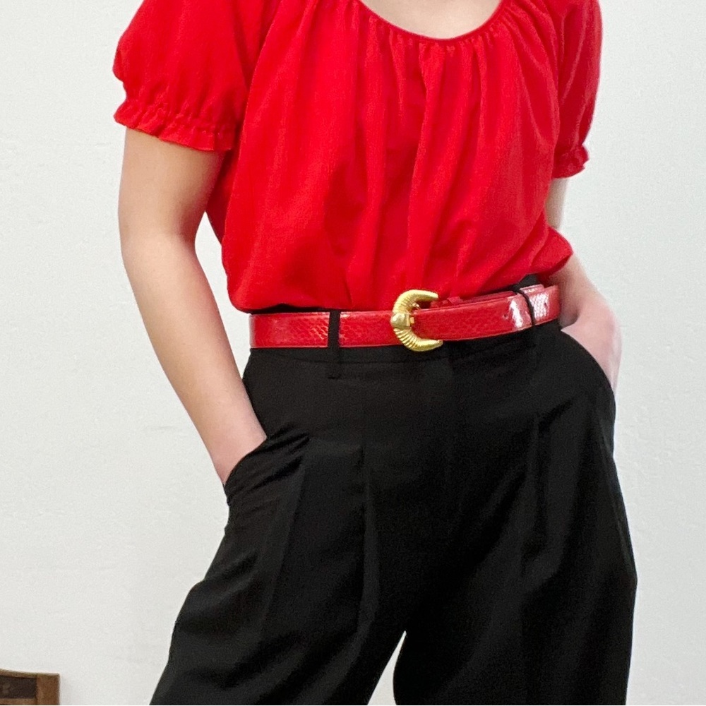#6 Vintage Red Genuine Snakeskin Belt with Gold Tone Buckle